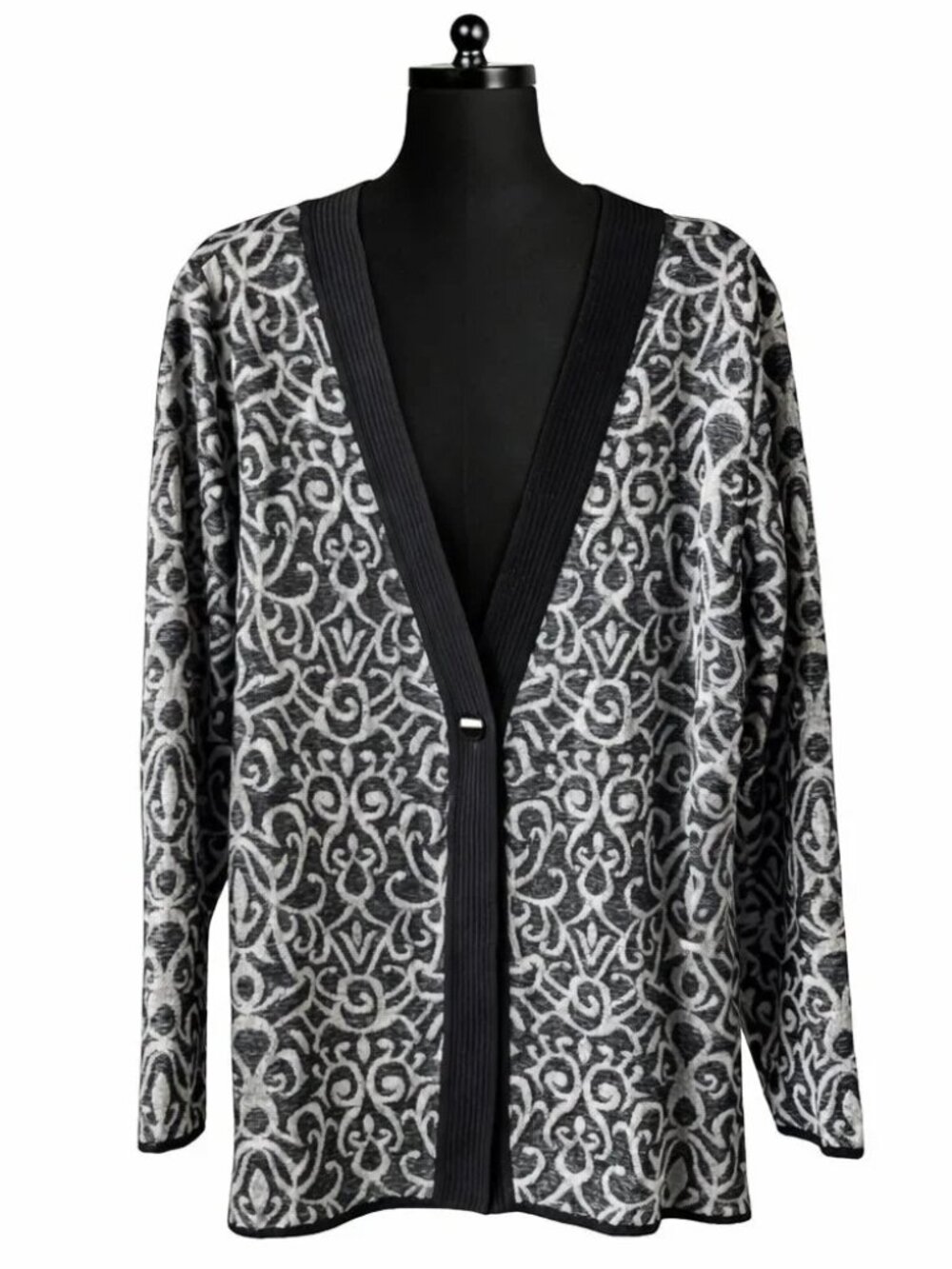 Misook Heritage Knit Cardigan Jacket 2X Plus Black White Scroll Geometric